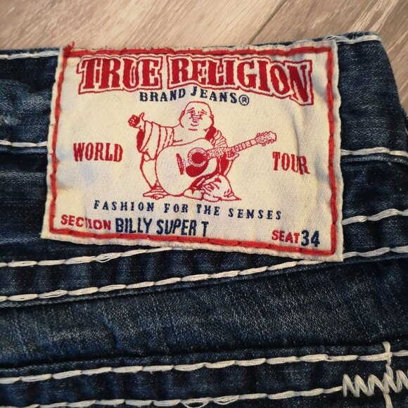 True Religion Billy Super T Jeans 34 x 28.5 Inseam Big White Stitch Blue NICE - Picture 6 of 13